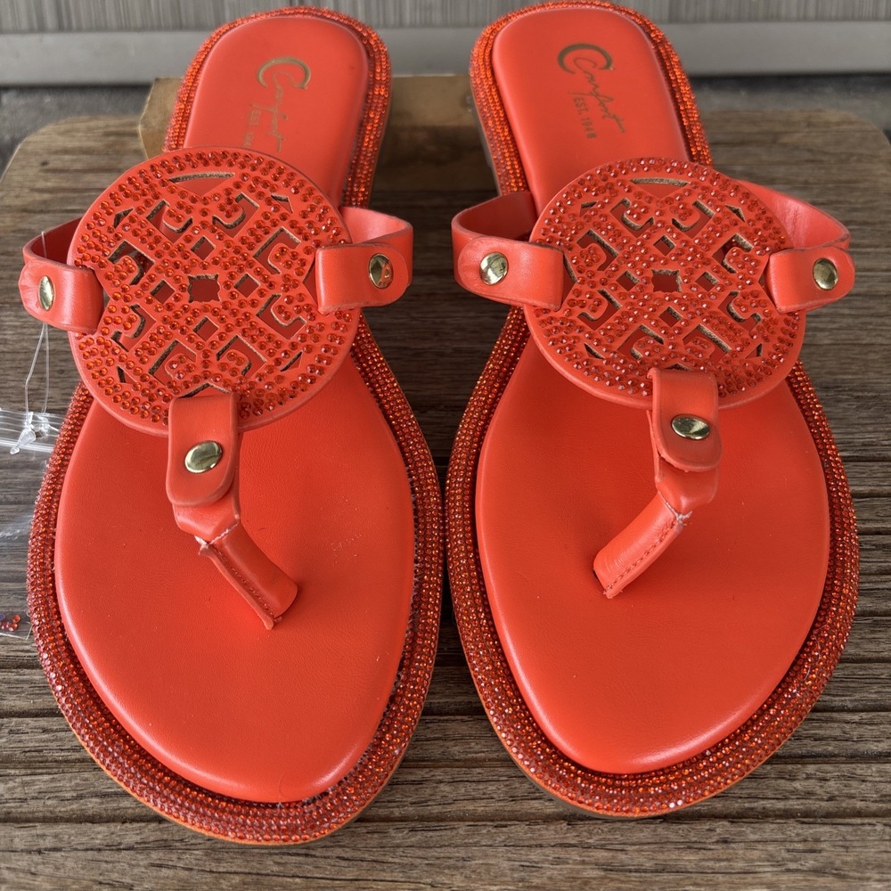 Cato Sandals Sz 7 Orange Thong Slip On Flats Faux Leather Studded Casual